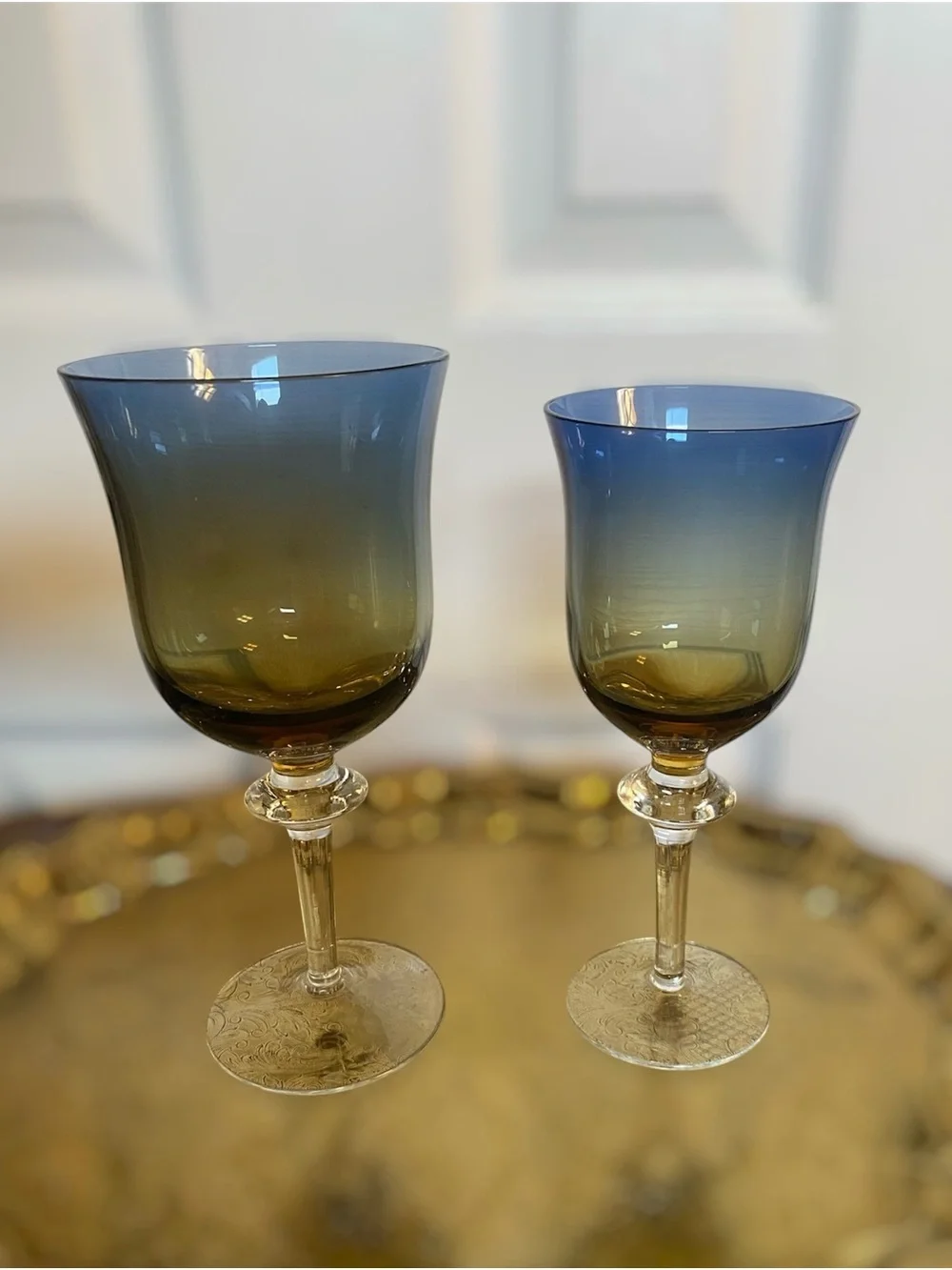Rare Pair Vtg Ombre Blue & Amber Stemmed water Wine Glasses Handblown Sweden